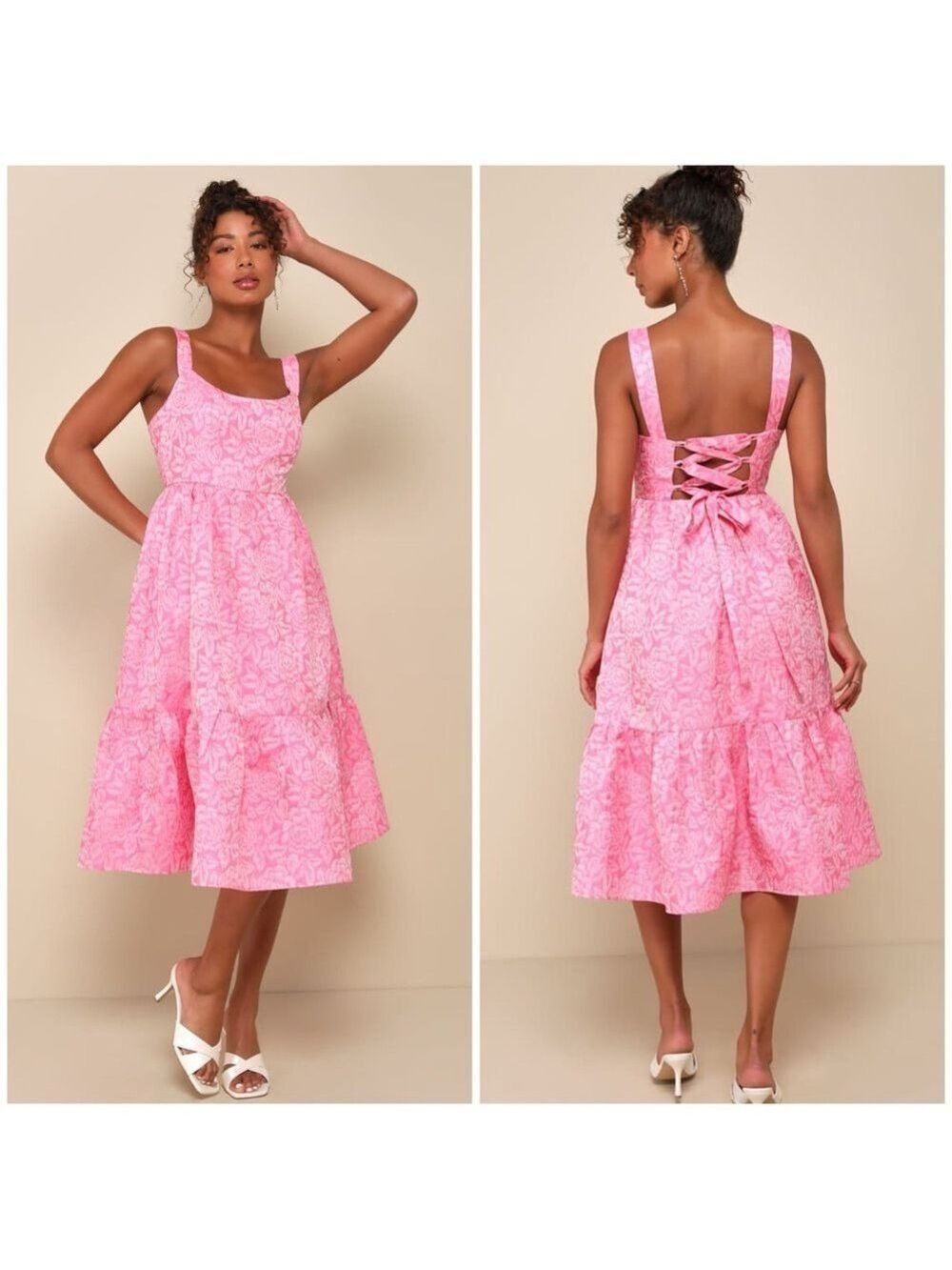 Lulu's Spanish Getaway Pink Floral Lace-Up Midi Dress With Pockets